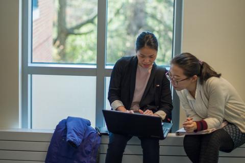 two students studying by a window